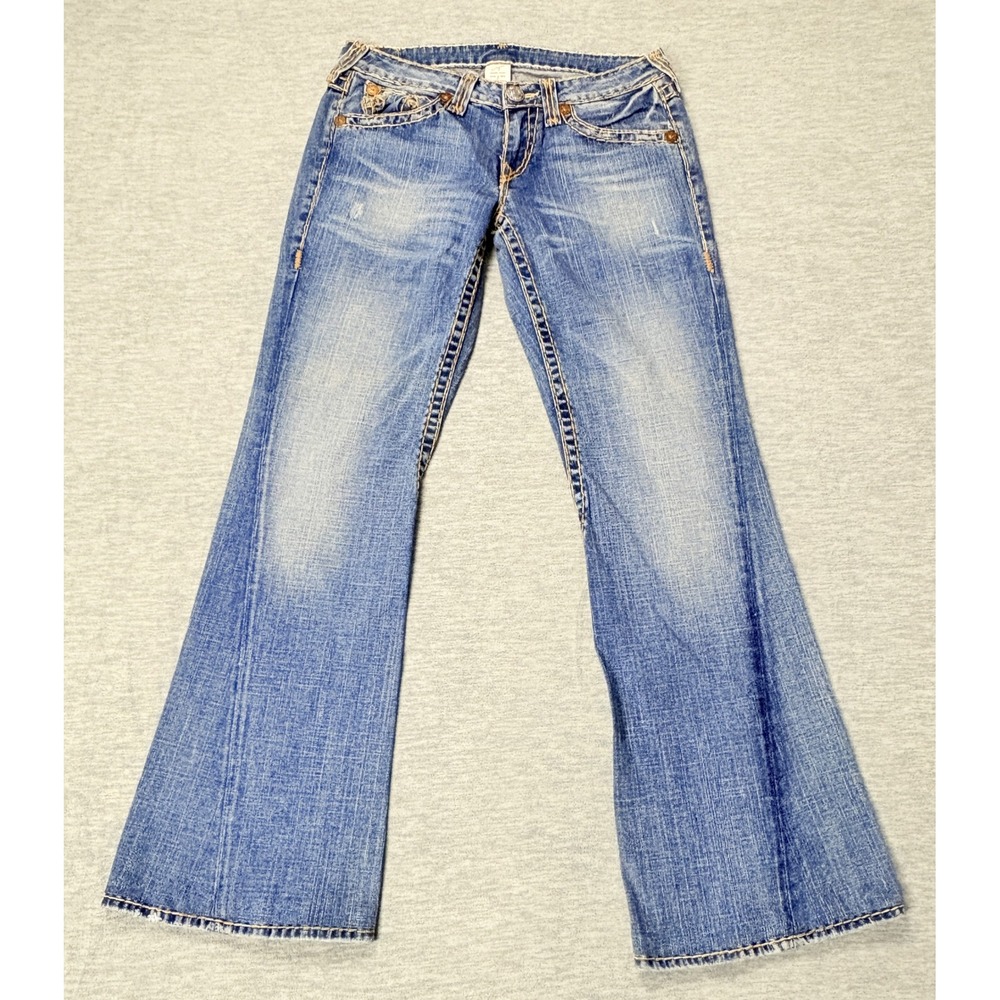 True Religion Joey Flare Jeans Womens 31 Blue Low Rise Thick Stitch USA